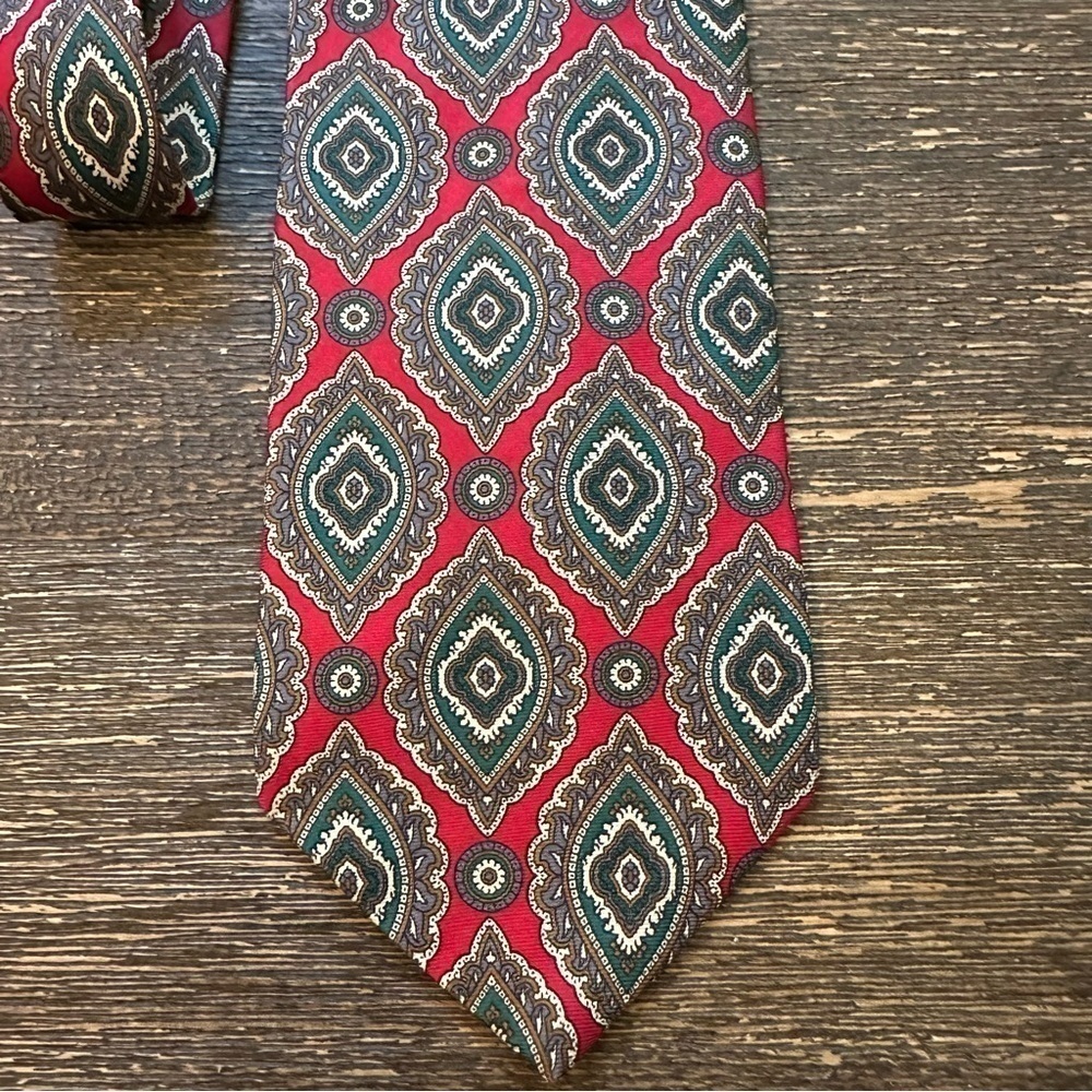 Christian Dior Monsieur Tie Red Green Gray Gold Damask Pattern Neck Tie
